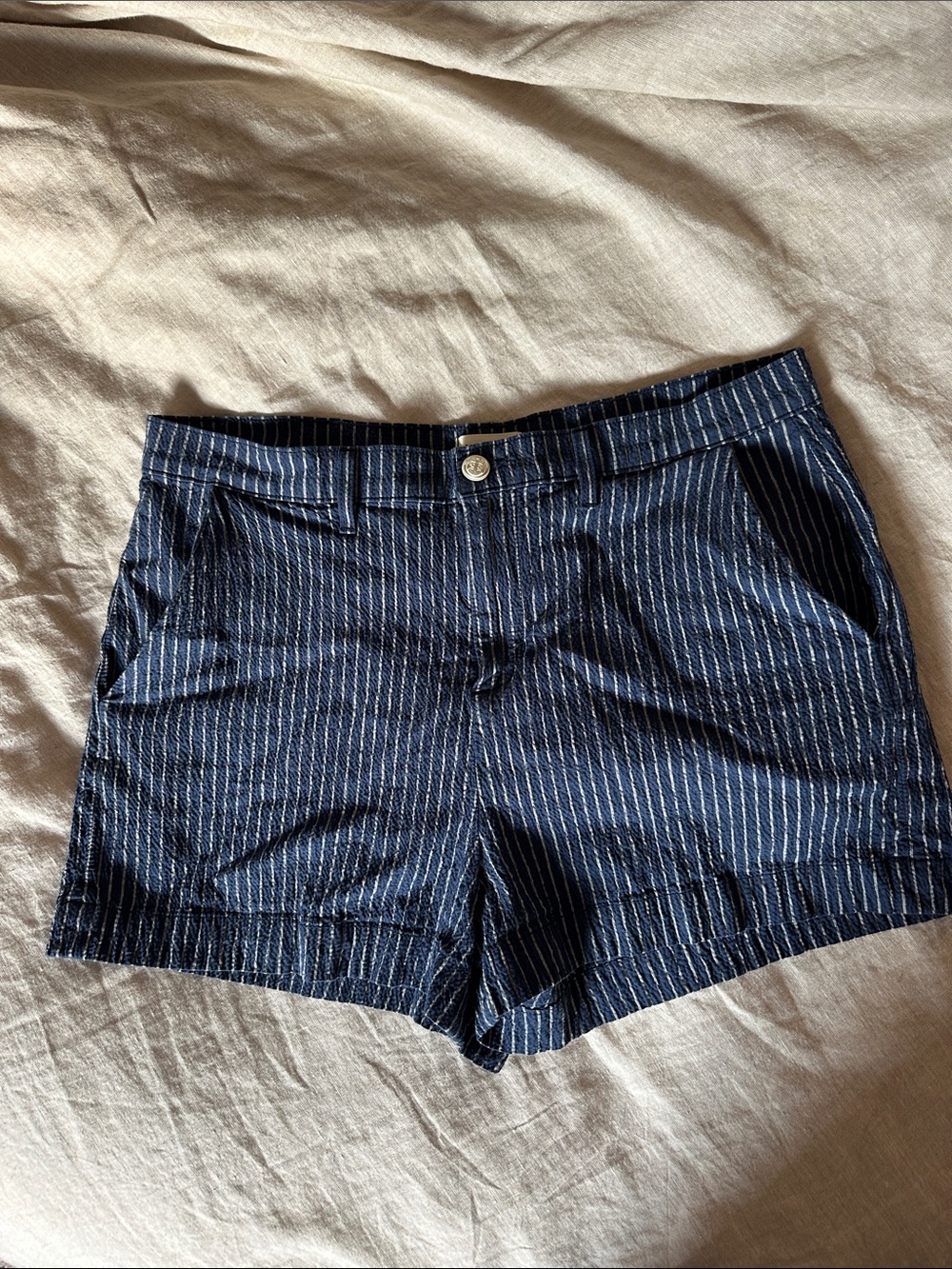 L'AGENCE Jameson high-rise women’s pinstripe shorts.